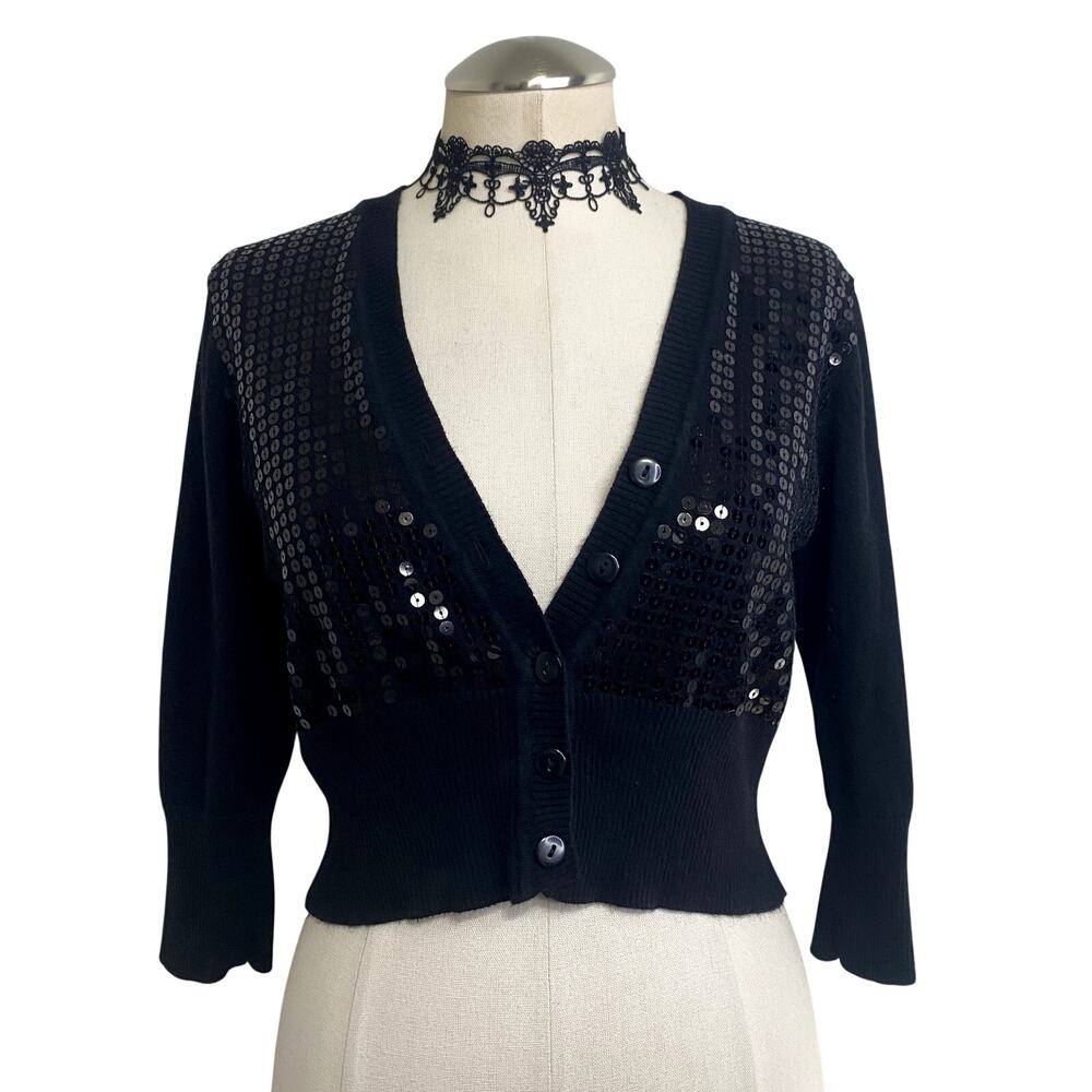 Y2K Black Sequin Cropped 3/4 Sleeve Button Down Cardigan Goth Grunge Whimsigoth